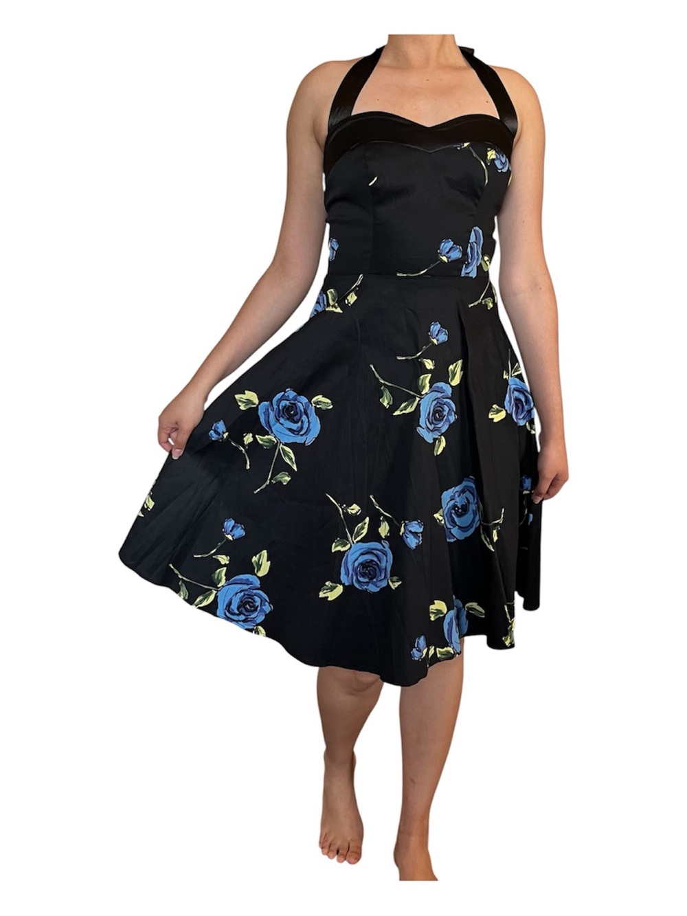 Dress Tells Modern Vintage-Style Floral Black Halter Fit-and-Flare Dress Size S